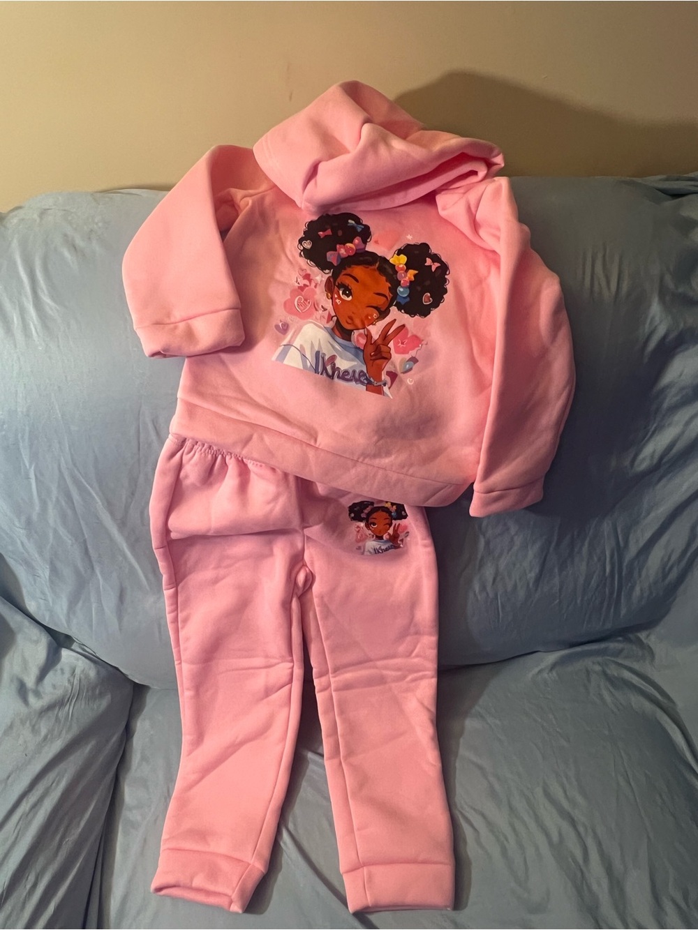 Pink Girls Hoodie & Sweatpants Set with Cartoon Girl Design